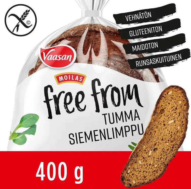 Vaasan Moilas Free From gluteeniton Tumma siemenlimppu 400g sekaleipä