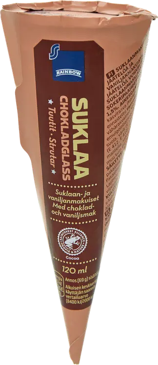 Rainbow Suklaan- ja vaniljanmakuista jäätelöä, suklaanmakuista kuorrutetta 12% ja karamellisoituja hasselpähkinöitä sisältävä kaakaokoristelu 1,4% vohvelissa 16% 120ml/69g