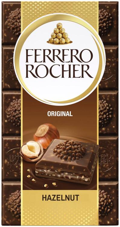 Ferrero Rocher Original -maitosuklaalevy 90g. Täytettyä maitosuklaata (60%) hasselpähkinätäytteellä (37%) ja hasselpähkinän paloilla.