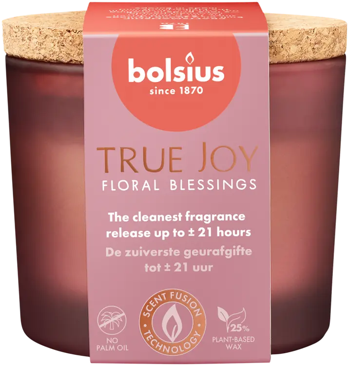 Bolsius – tuoksukynttilä, korkkikansi – pinkki – Floral Blessings