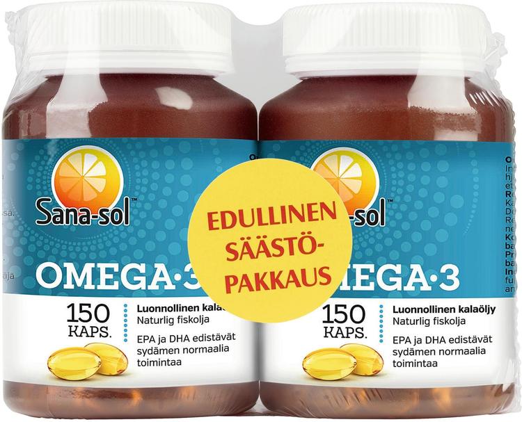 Sana-sol Omega-3 luonnollinen kalaöljy Omega-3-rasvahappokapseli ravintolisä 2x150kaps