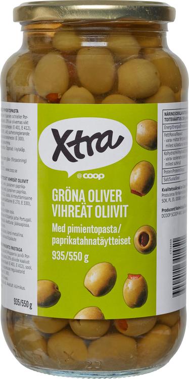 Xtra paprikatahnatäytteiset vihreät oliivit 935/550 g