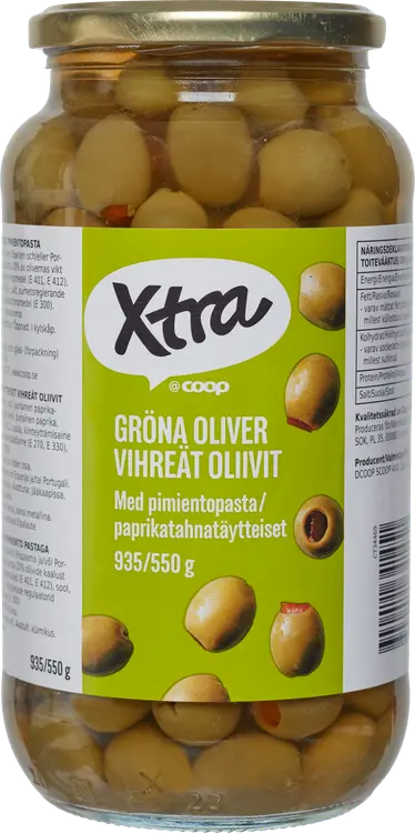 Xtra paprikatahnatäytteiset vihreät oliivit 935/550 g