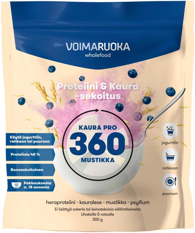 Voimaruoka 360 Wholefood Kaura Pro Mustikka runsaskuituinen proteiinijauhe 300g