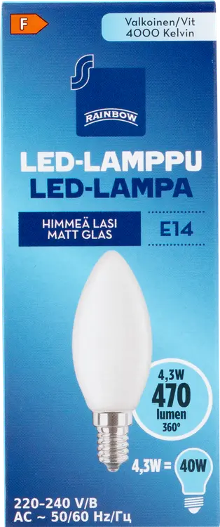 Rainbow LED-kynttilälamppu 4W E14 4000K 470lm huurrettu lasi