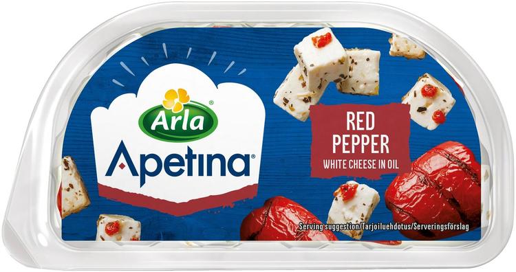 Apetina 100/70 g välimerellisiä juustokuutioita ja paprikaa öljymarinadissa snack.