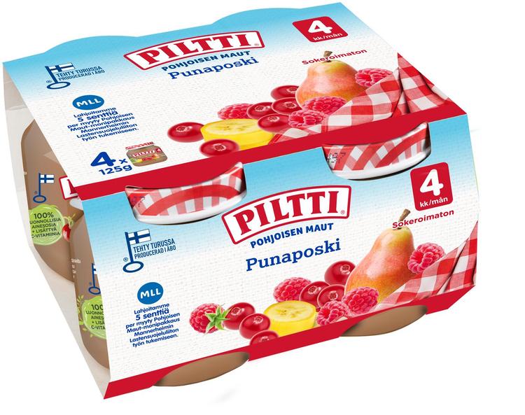 4xPiltti 4x125g Pohjoisen maut Punaposki marja- ja hedelmäsose 4kk