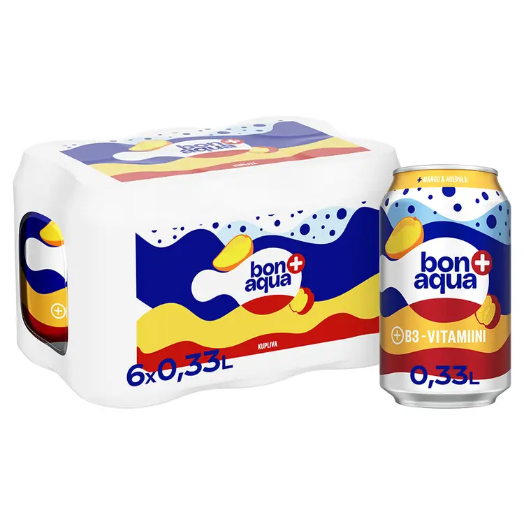 6-pack Bonaqua + Hehkuvat Hedelmät hiilihapollinen juoma tölkki 0.33 L