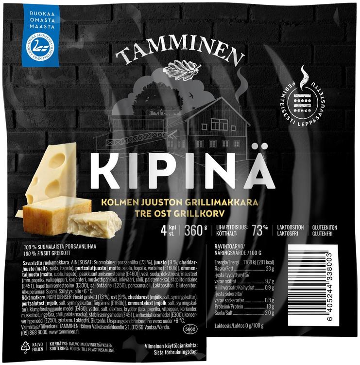 Tamminen Kipinä® kolmen juuston grillimakkara 4kpl 360g