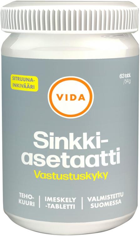 Vida ravintolisävalmiste sinkki-asetaatti imesketävä sitruuna-inkivääri 63 tabettial / 54 g