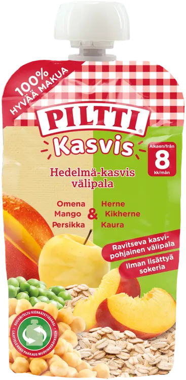 PILTTI Kasvis 110g Hedelmä-kasvis välipala omena-mango-persikka-herne-kikherne-kaura Luomu
