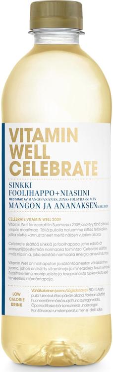 500ml Vitamin Well Celebrate, mangon ja ananaksen makuinen vitaminoitu hiilihapoton juoma