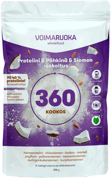 Voimaruoka 360 Wholefood kookoksen makuinen proteiini-pähkinä-siemensekoitus 908g