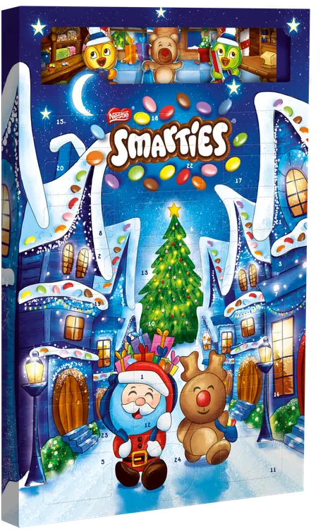 Nestlé Smarties 193,9g Joulukalenteri, maitosuklaa, täytteenä sokerikuorrutettuja maitosuklaarakeita