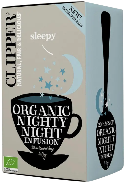 Clipper Nighty Night. Appelsiininmakuinen luomu yrttihauduke, sisältää kamomillaa ja sitruunamelissaa 40g / 20 pussia.