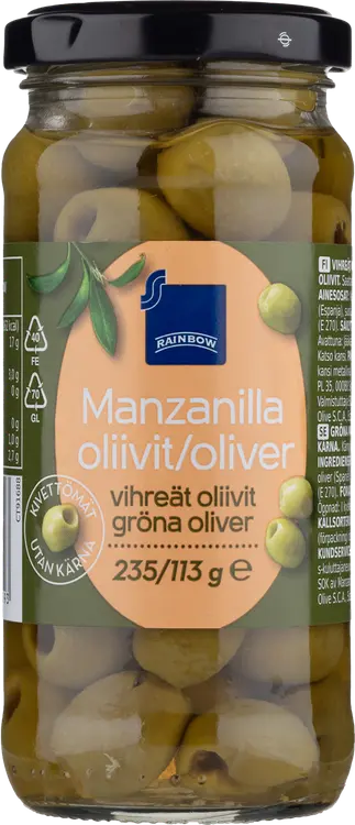 Rainbow Manzanilla vihreät kivettömät oliivit 235/113 g