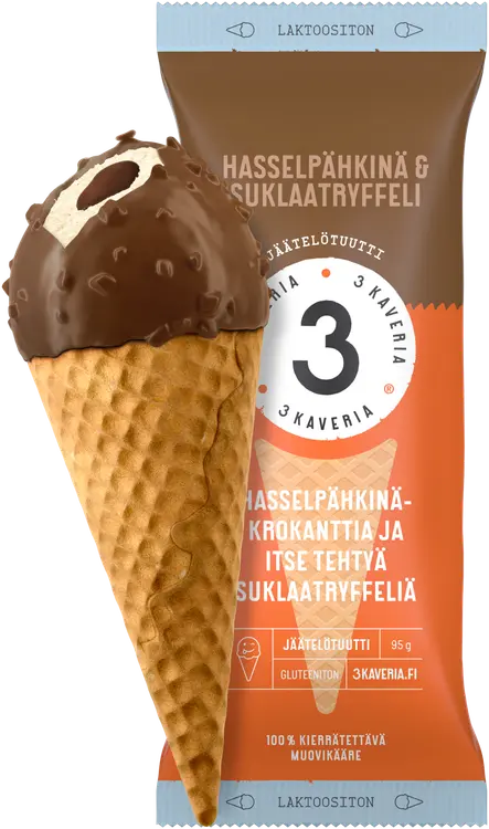 Kolmen Kaverin Jäätelö Laktoositon Hasselpähkinä & Suklaatryffeli jäätelötuutti 150ml/95g