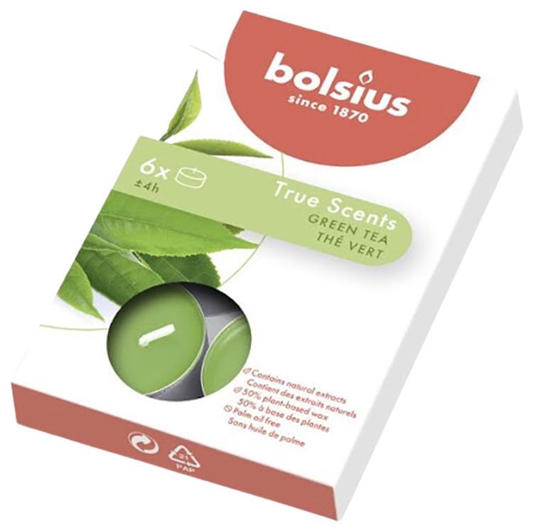 Bolsius 6 lõhna-teeküünalt karbis 4h, roheline tee true
