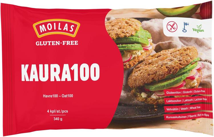 Moilas Gluten-Free Kaura100 palaleipä, halkaistu, 4kpl/340g, kypsäpakaste