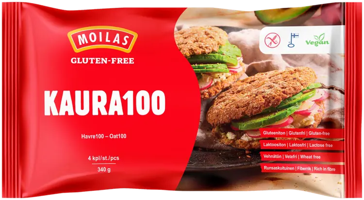 Moilas Gluten-Free Kaura100 palaleipä, halkaistu, 4kpl/340g, kypsäpakaste