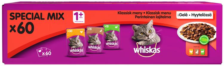 Whiskas 1+ Perinteinen Lajitelma hyytelössä (60 x 100 g)