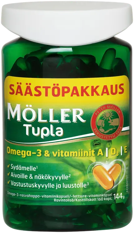 Möller Tupla säästöpakkaus omega-3-rasvahappo-vitamiinikapseli ravintolisä 144g/160kaps
