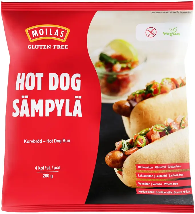Moilas Gluten-Free Hot Dog -sämpylä, 4kpl/260g, gluteeniton, pakaste