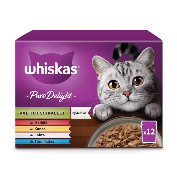 Whiskas 1+ Pure Delight valitut suikaleet hyytelössä (12 x 85 g)
