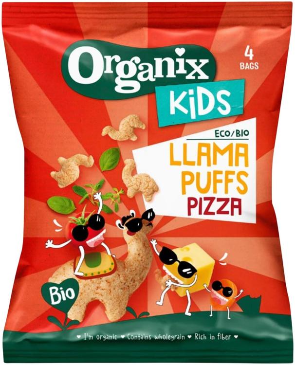 Organix Kids Pizza puffs luomu täysjyvävehnä- ja maissinaksu 48g (4x12g)