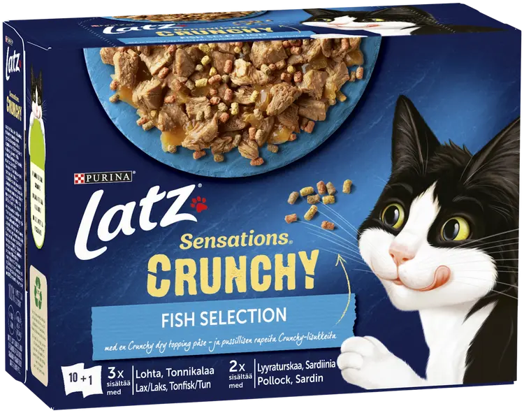 Latz Sensations Crunchy 10x85g+40g Fish lajitelma hyytelössä 4 varianttia kissanruoka