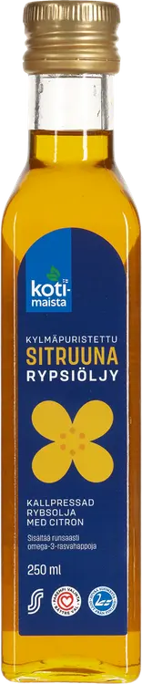 Kotimaista 250ml sitruunalla maustettu kylmäpuristettu rypsiöljy