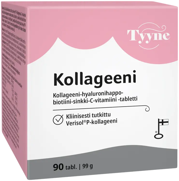 Tyyne Kollageeni 90 tabl., kotimainen kollageeni-hyaluronihappo-biotiini-sinkki-C-vitamiini tabletti, Vitabalans