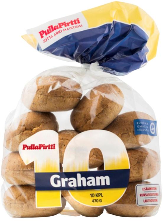 Pulla-Pirtti 10 Graham sämpylä 10/470g halkaistu laktoositon runsaskuituinen lisäaineeton moniviljasämpylä