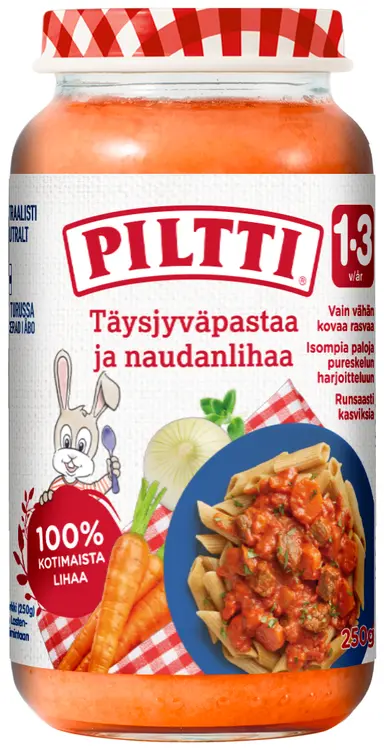 Piltti 250g Täysjyväpastaa ja naudanlihaa lastenateria 1-3v