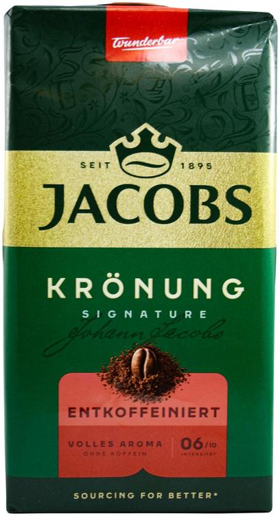 Jacobs Krönung Decaf 500 g, kofeiiniton suodatinkahvi tyhjiöpakkauksessa