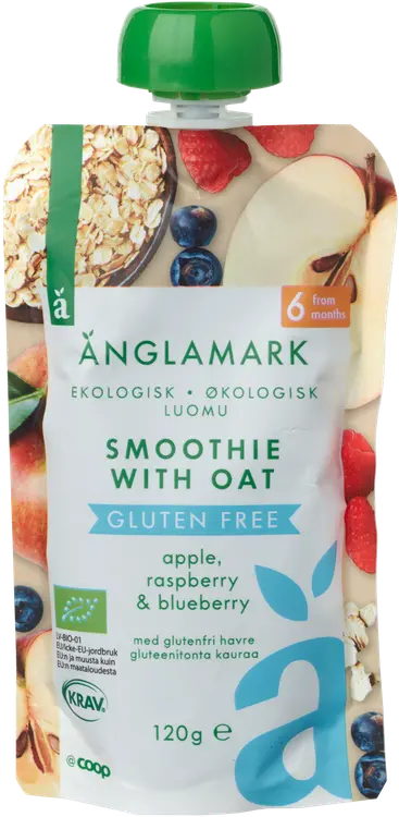 Änglamark kaurainen smoothie omena, vadelma & mustikka luomu gluteeniton 120 g 6 kk