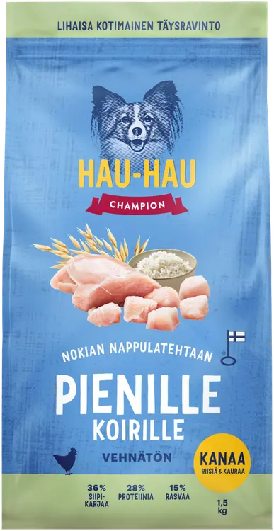 Hau-Hau Champion Nokian Nappulatehtaan Kanaa, riisiä & kauraa täysravinto pienille aikuisille koirille 1,5 kg