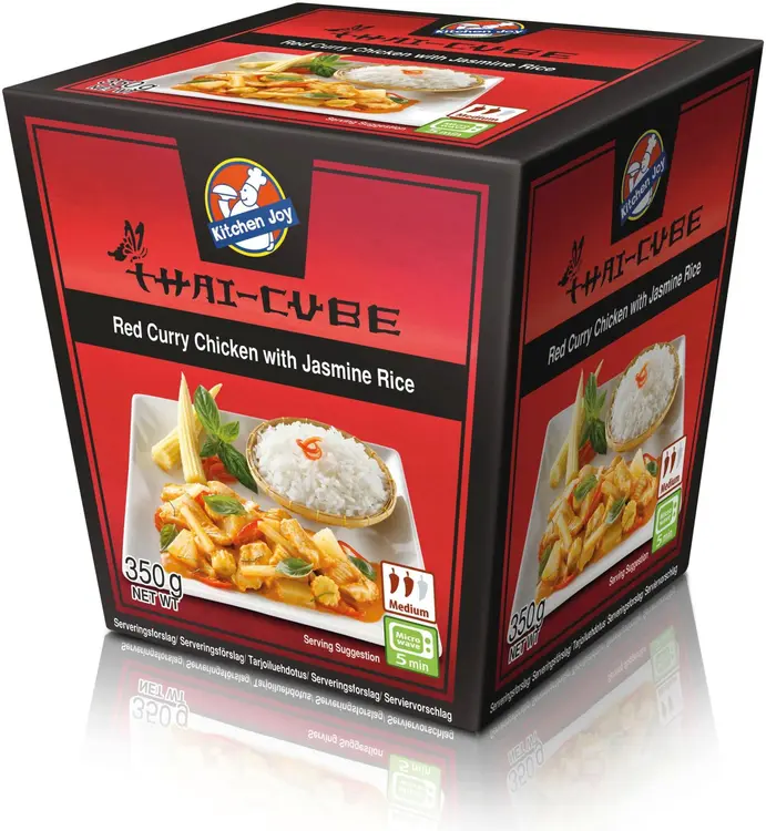 350g Kitchen Joy Thai-Cube Red Curry -kanaa ja  jasmiiniriisiä, pakasteateria