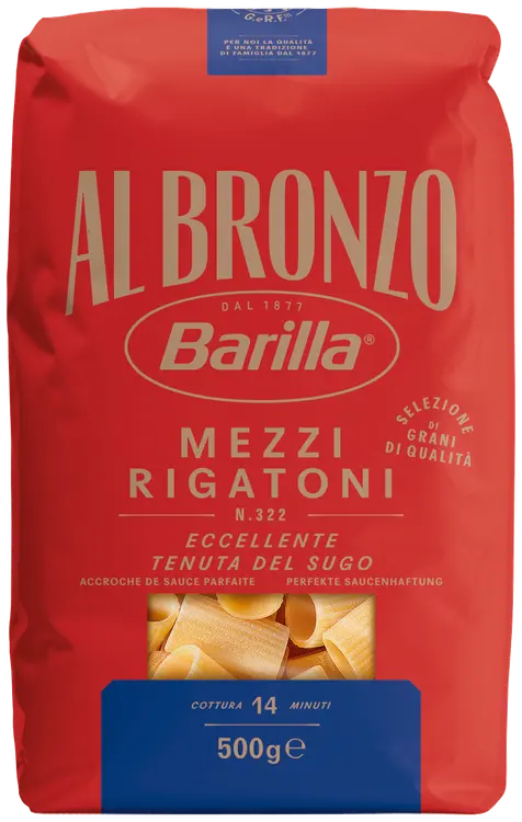 Barilla Al Bronzo Mezzi Rigatoni n. 322 durumvehnästä valmistettu pasta 500g