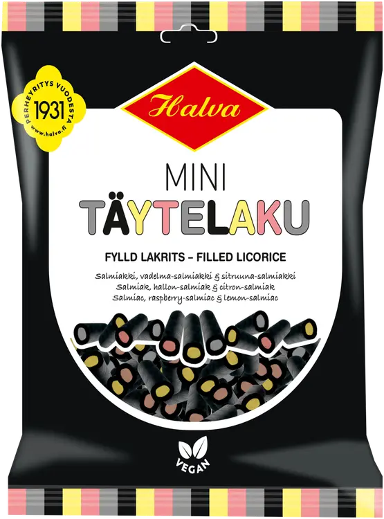 Halva Mini Täytelaku salmiakki, vadelma-salmiakki & sitruuna-salmiakki 150 g