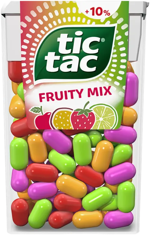 Tic Tac 54g hedelmänmakuisia pastilleja makuina kirsikka, passionhedelmä, sitruuna-lime, mansikka-minttu.