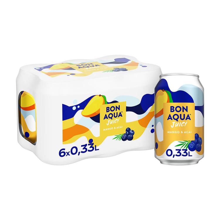 6-pack Bonaqua Juicy Mango Acai hiilihap. juoma tölkki 0.33 L