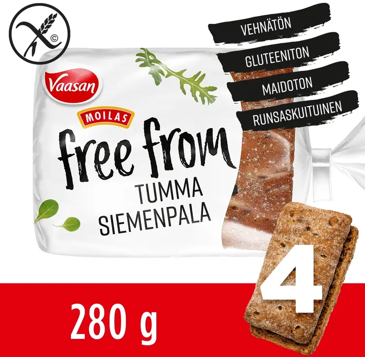 Vaasan Moilas Free From gluteeniton Tumma siemenpala 280 g 4 kpl sekaleipä siemenillä