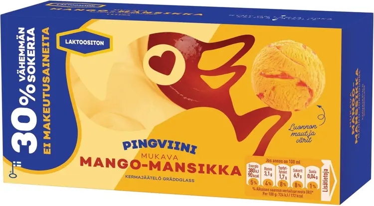 Pingviini Mango-Mansikka Vähemmän sokeria Laktoositon kermajäätelö kotipakkaus 525g/1L