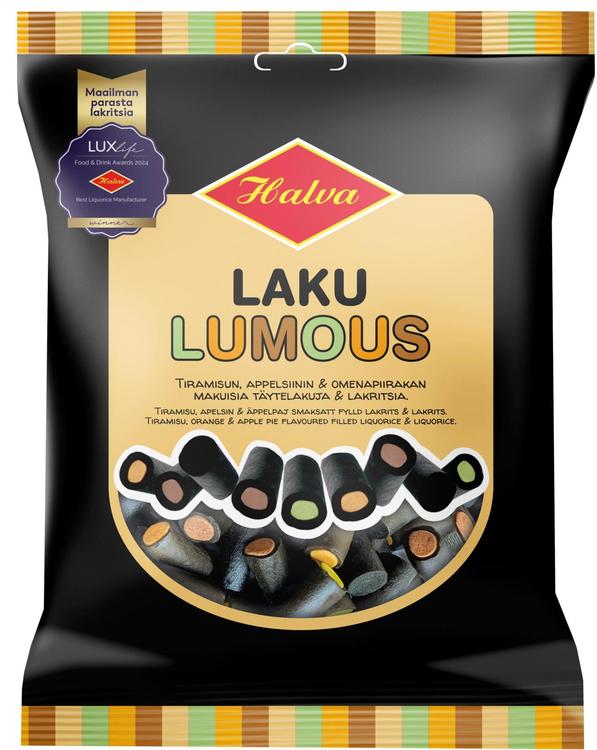 Halva Laku Lumous 180 g Lakritsia, tiramisun, appelsiinin & omenapiirakan makuisia täytelakuja