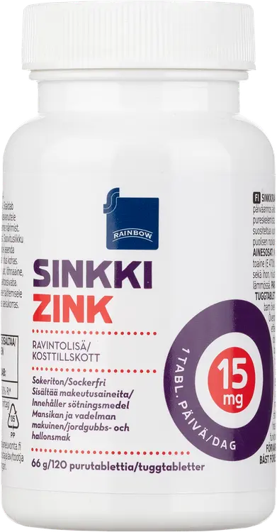 Rainbow sinkki 15mg ravintolisä 66 g/120 purutablettia mansikan ja vadelman makuinen