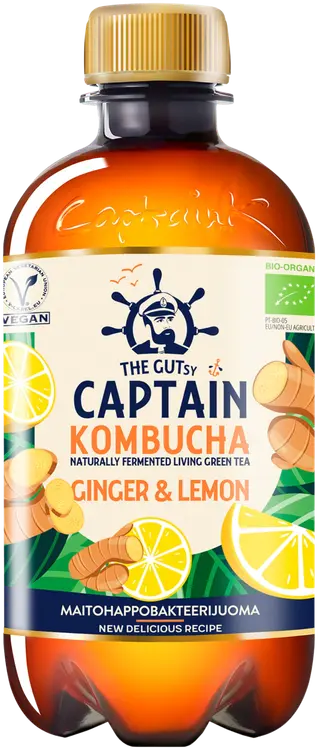 The Gutsy Captain Kombucha Ginger Lemon, Inkiväärin ja sitruunan makuinen kombucha-juoma LUOMU 400ml