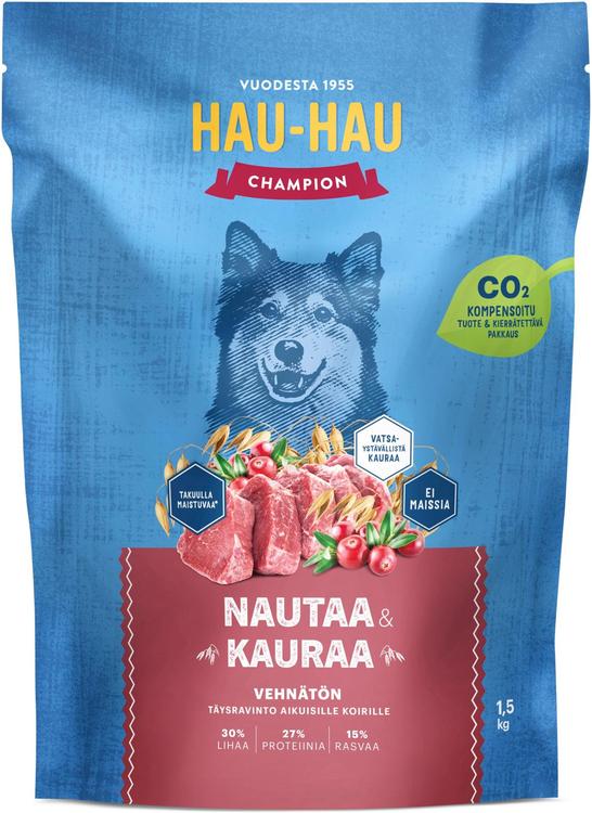 Hau-Hau Champion Nautaa ja kauraa täysravinto aikuisille koirille 1,5 kg