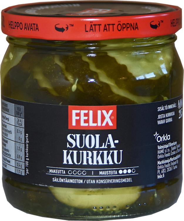 Felix suolakurkku viipaloituja kurkkuja suolamausteliemessä 400/215g