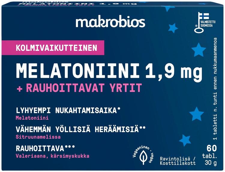 Makrobios kolmivaikutteinen Melatoniini 1,9mg + rauhoittavat yrtit 60 tablettia 30g